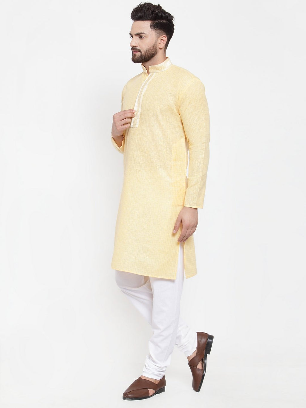 Jompers Men Yellow & White Embroidered Kurta Only - Distacart
