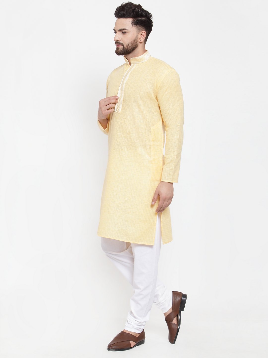 Jompers Men Yellow & White Embroidered Kurta Only - Distacart