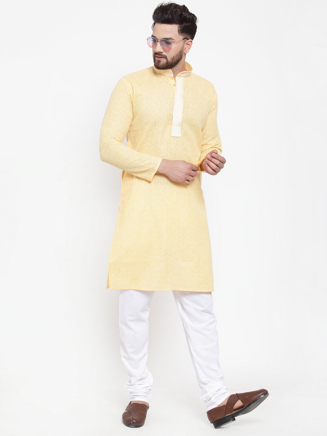 Jompers Men Yellow & White Embroidered Kurta with Churidar - Distacart