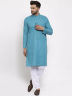 Jompers Men Sky Blue Printed Kurta with Pyjamas - Distacart