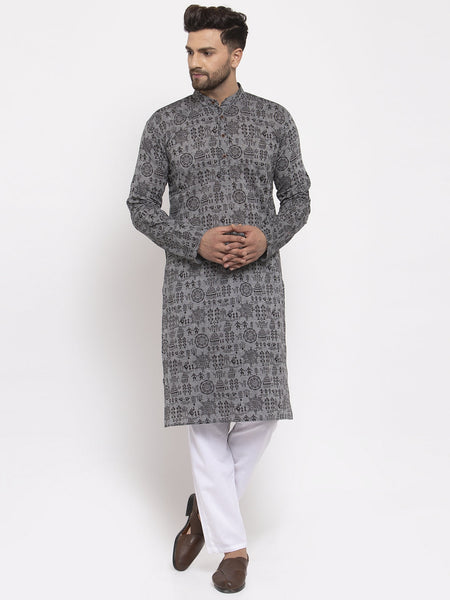 Jompers Men Grey Printed Straight Kurta