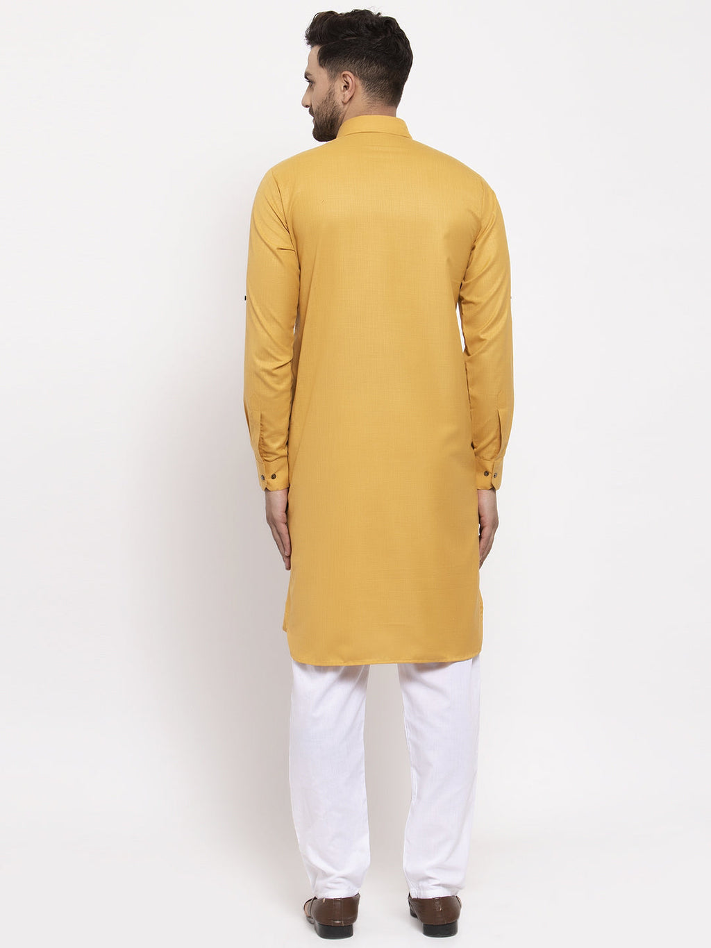 Jompers Men Mustard Solid Kurta with White Pyjamas - Distacart