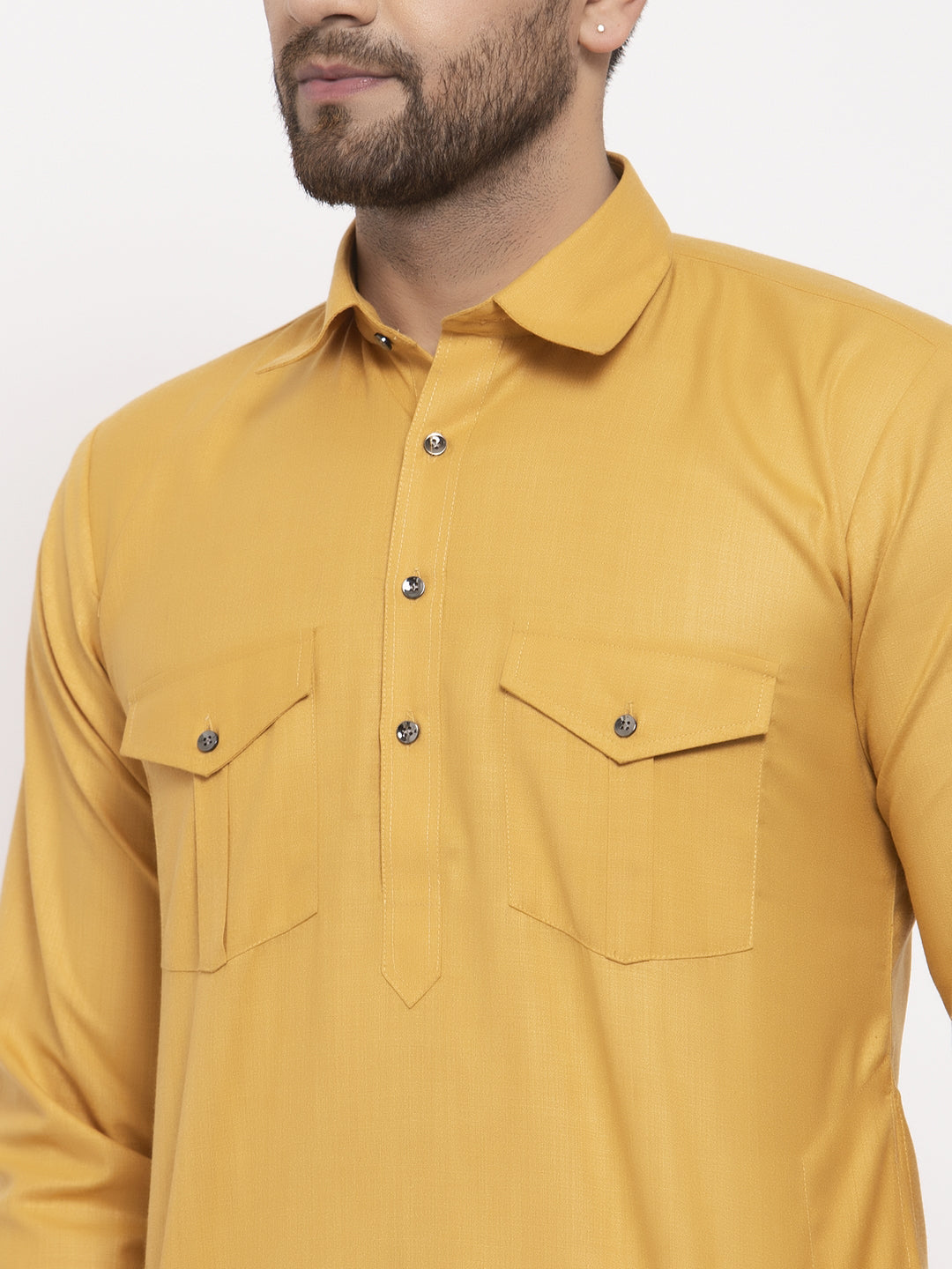 Jompers Men Mustard Solid Kurta with White Pyjamas - Distacart