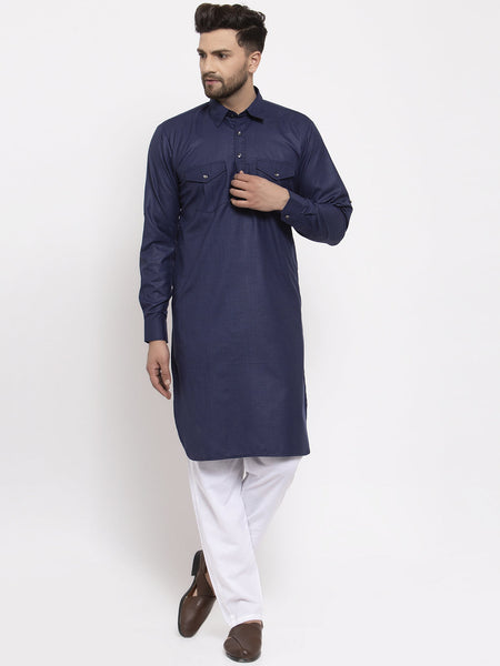 Jompers Men Navy-Blue Solid Kurta with White Pyjamas