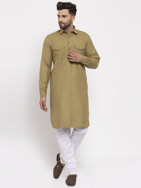 Jompers Men Olive Green Solid Kurta with White Pyjamas