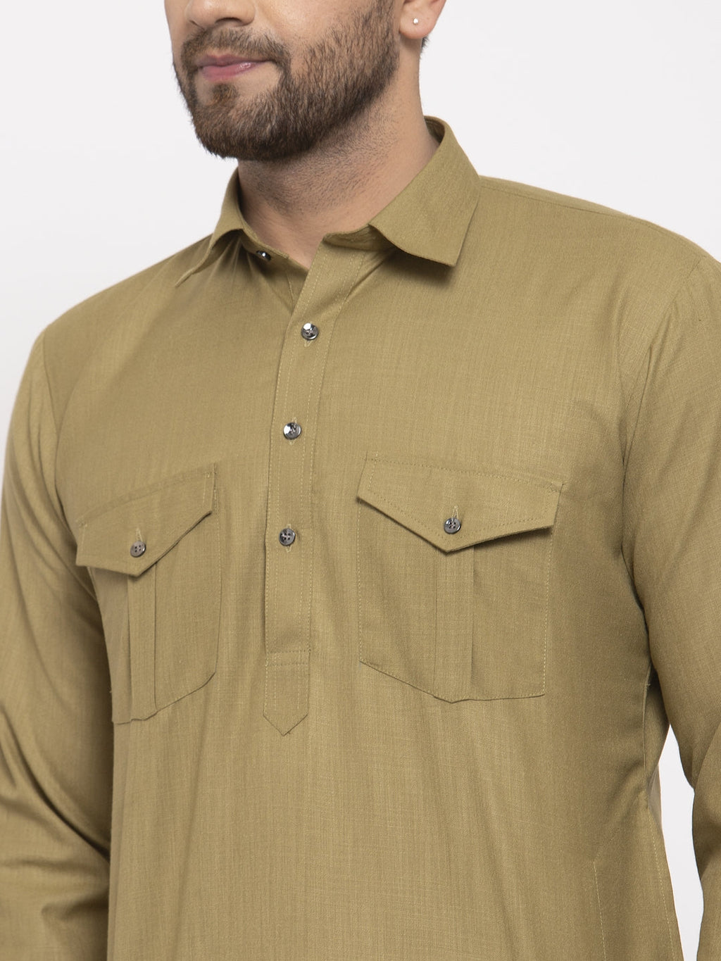 Jompers Men Olive Green Solid Kurta with White Pyjamas - Distacart
