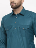 Jompers Men Teal Solid Kurta with White Pyjamas - Distacart