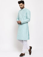 Jompers Men Turquoise Blue Embroidered Kurta with Pyjamas - Distacart