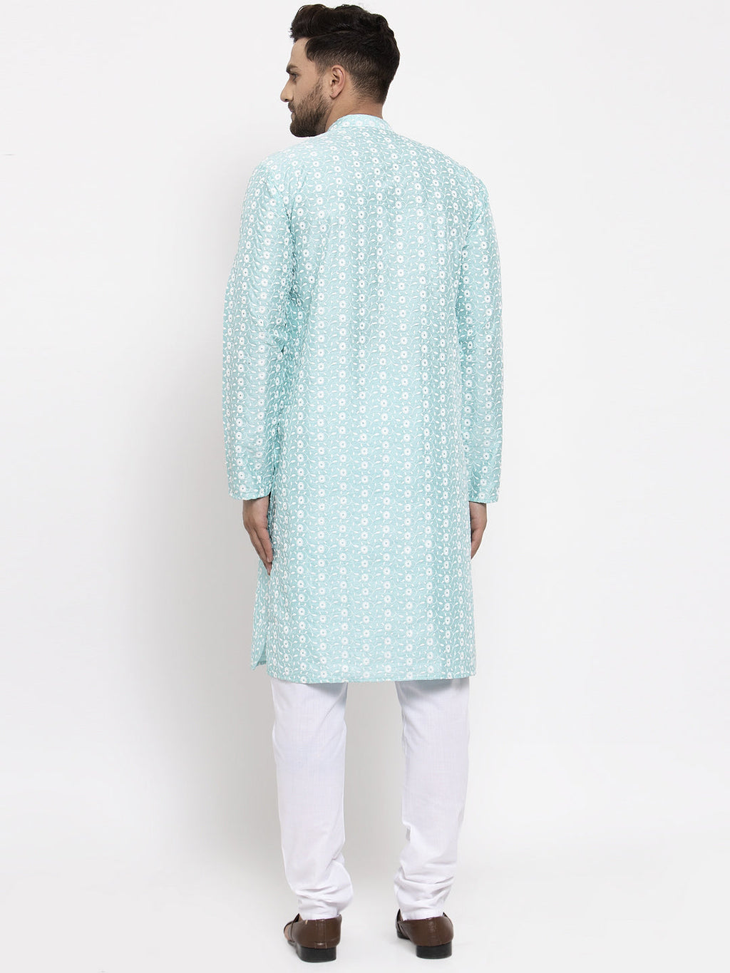 Jompers Men Turquoise Blue Embroidered Kurta with Pyjamas - Distacart