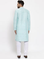 Jompers Men Turquoise Blue Embroidered Kurta with Pyjamas - Distacart