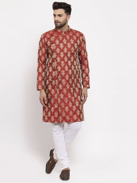 Jompers Men Maroon Jacquard Kurta with Churidar