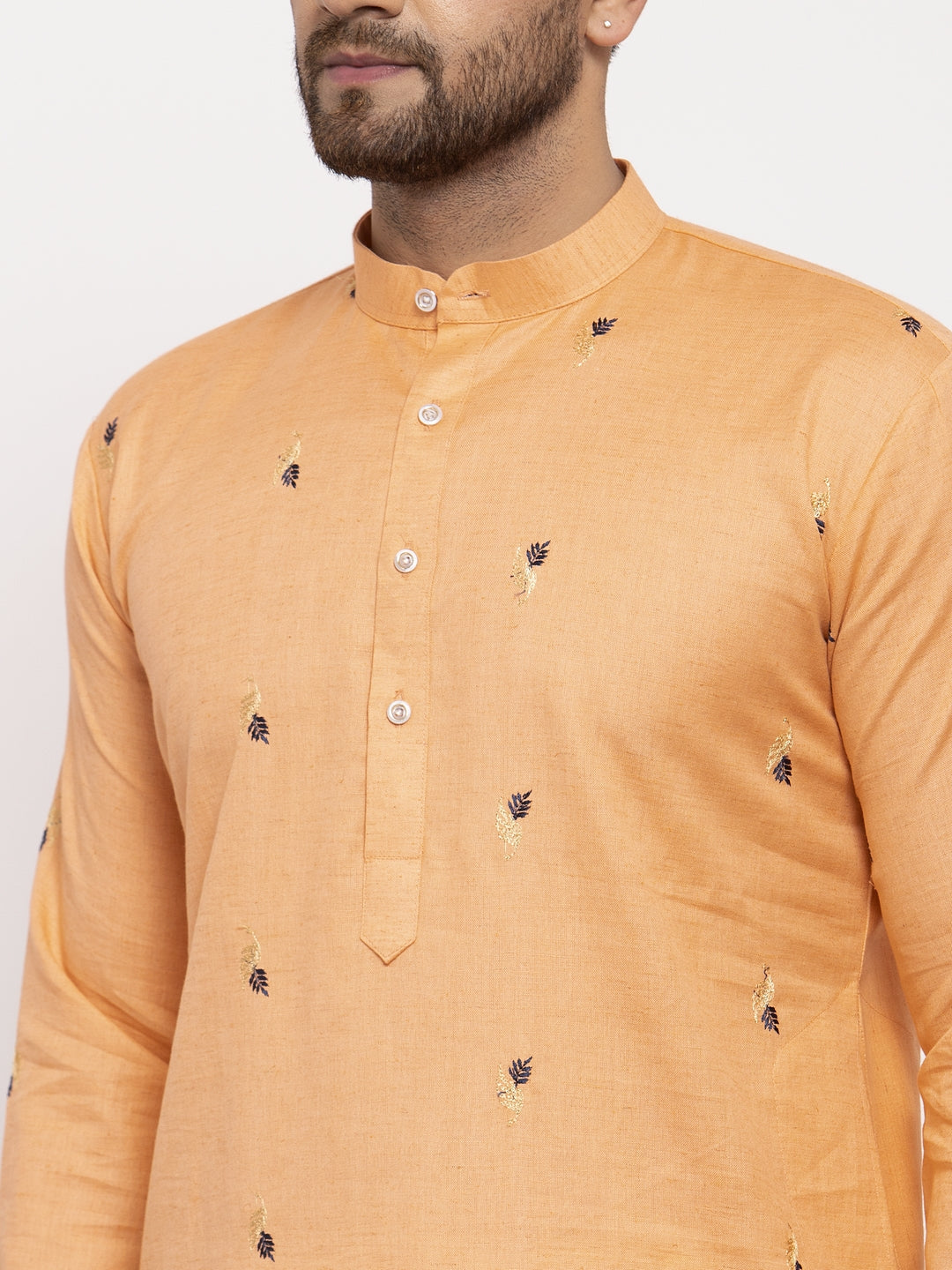 Jompers Men's Orange Printed Cotton Kurta Only