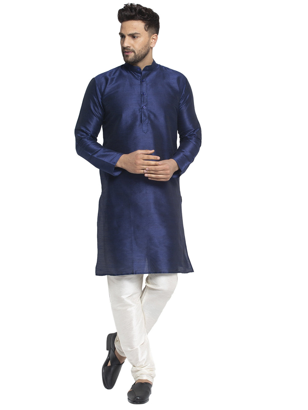 Jompers Men's Navy Solid Dupion Silk Kurta Payjama Set