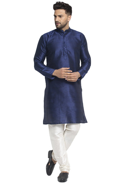 Jompers Men's Navy Solid Dupion Silk Kurta Payjama Set