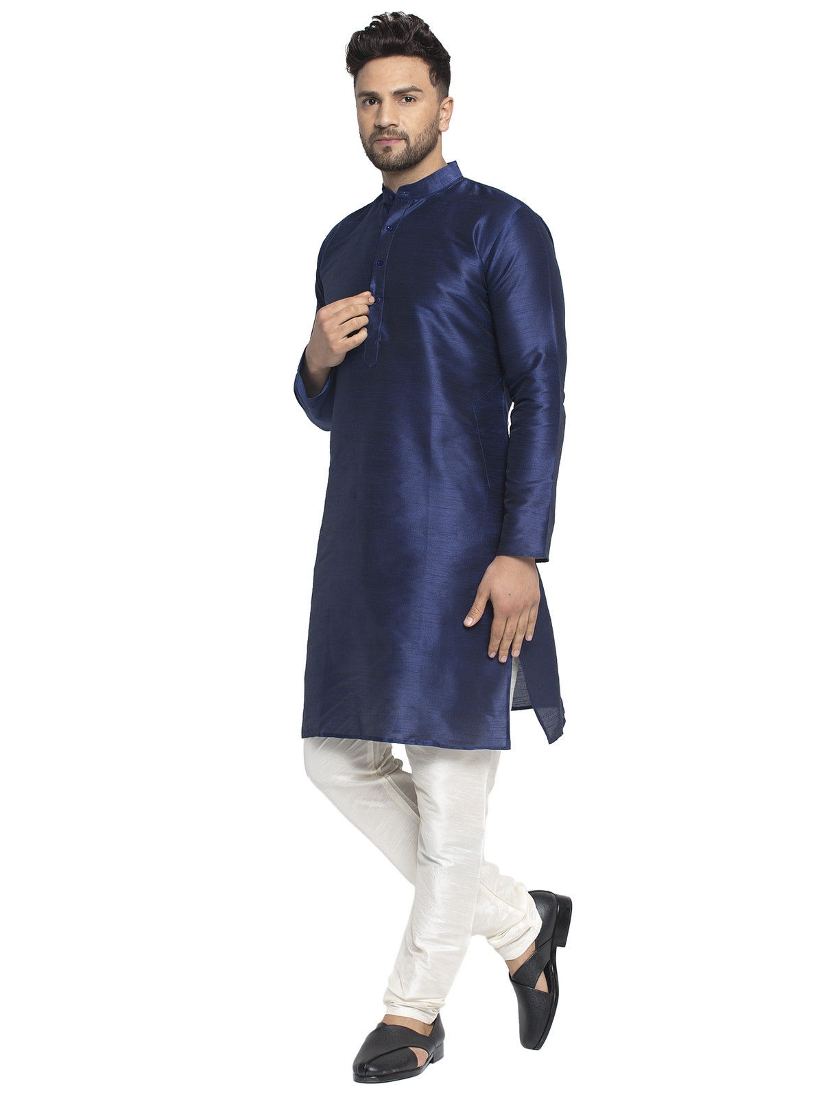 Jompers Men's Navy Solid Dupion Silk Kurta Payjama Set
