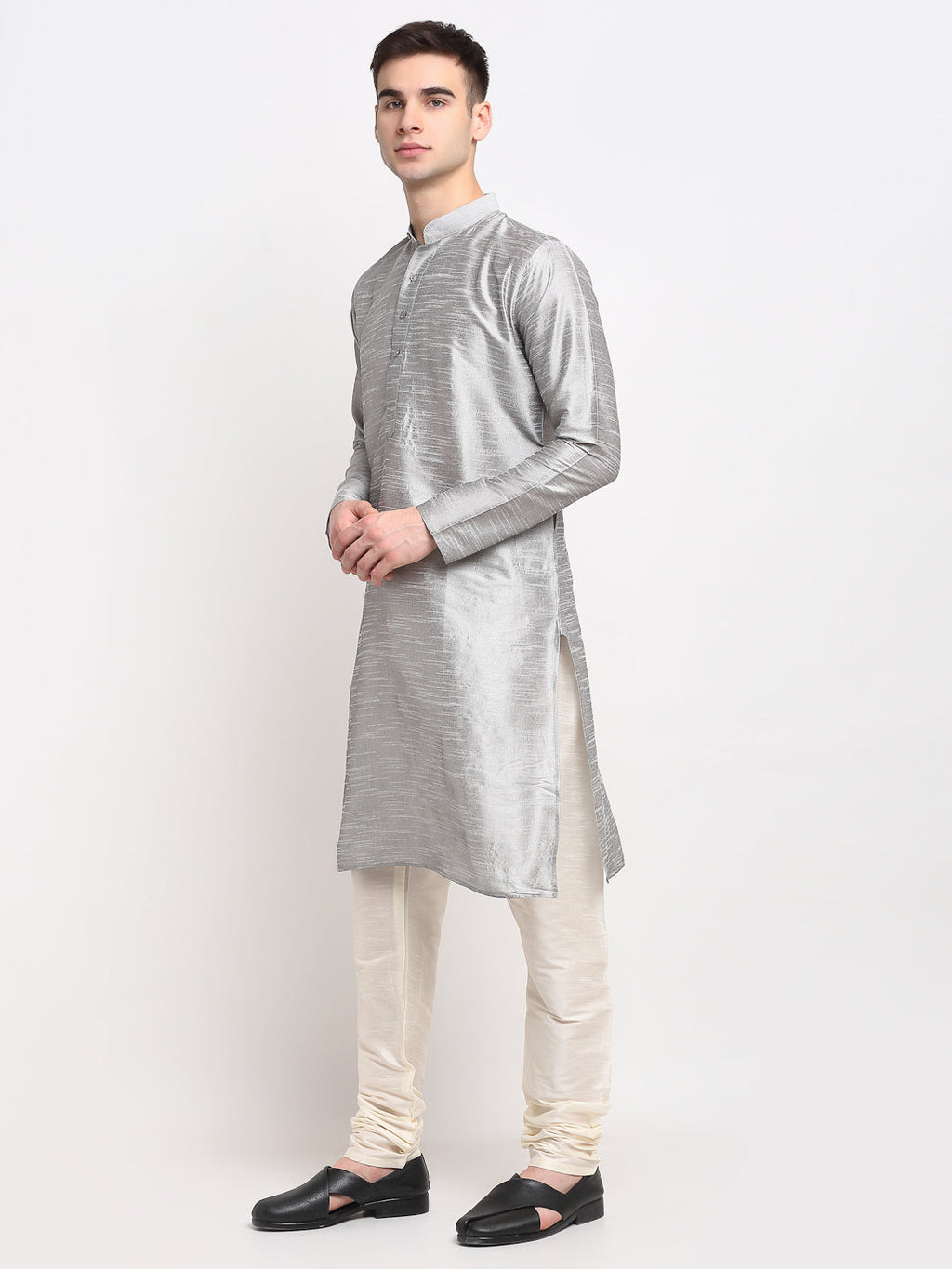 Jompers Men's Silver Solid Dupion Silk Kurta Payjama Set