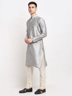 Jompers Men's Silver Solid Dupion Silk Kurta Payjama Set