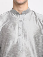 Jompers Men's Silver Solid Dupion Silk Kurta Payjama Set