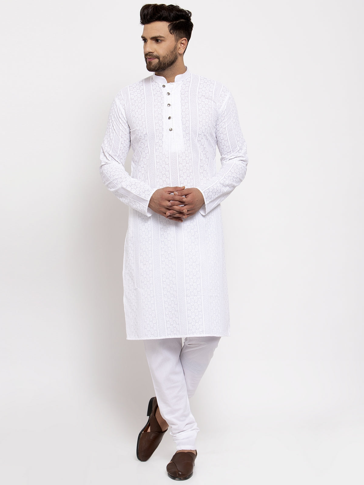 Jompers Men White Embroidered Kurta with Pyjamas - Distacart