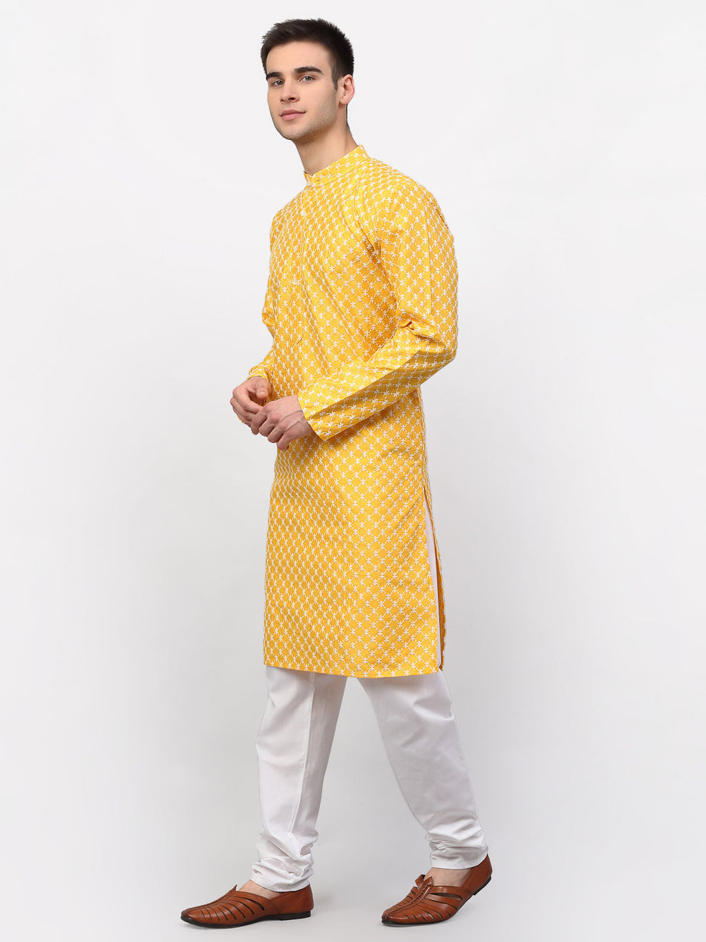 Jompers Men Mustard Chikankari Kurta with Churidar - Distacart