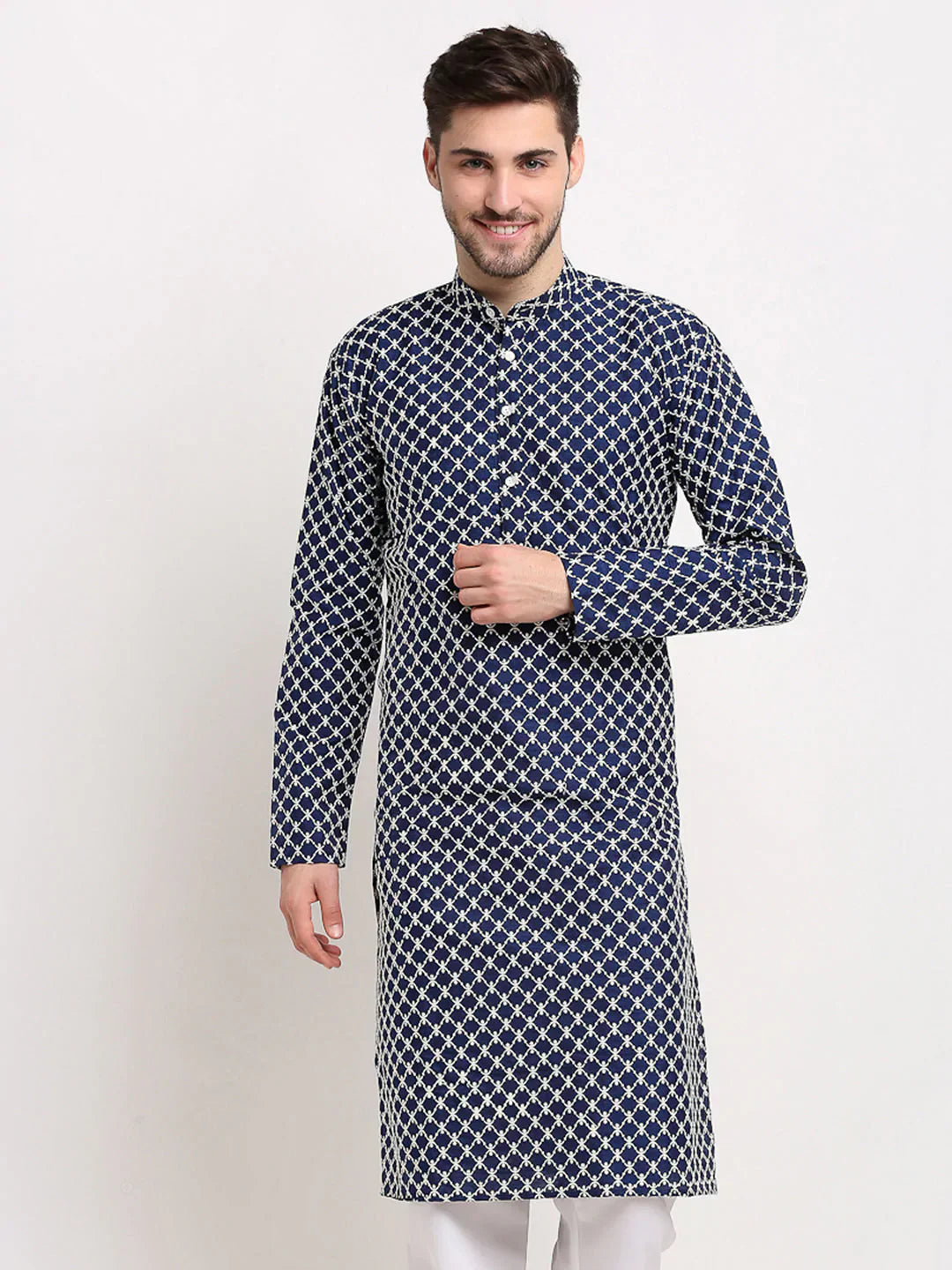 Jompers Men's Navy Blue Chikankari Kurta Only