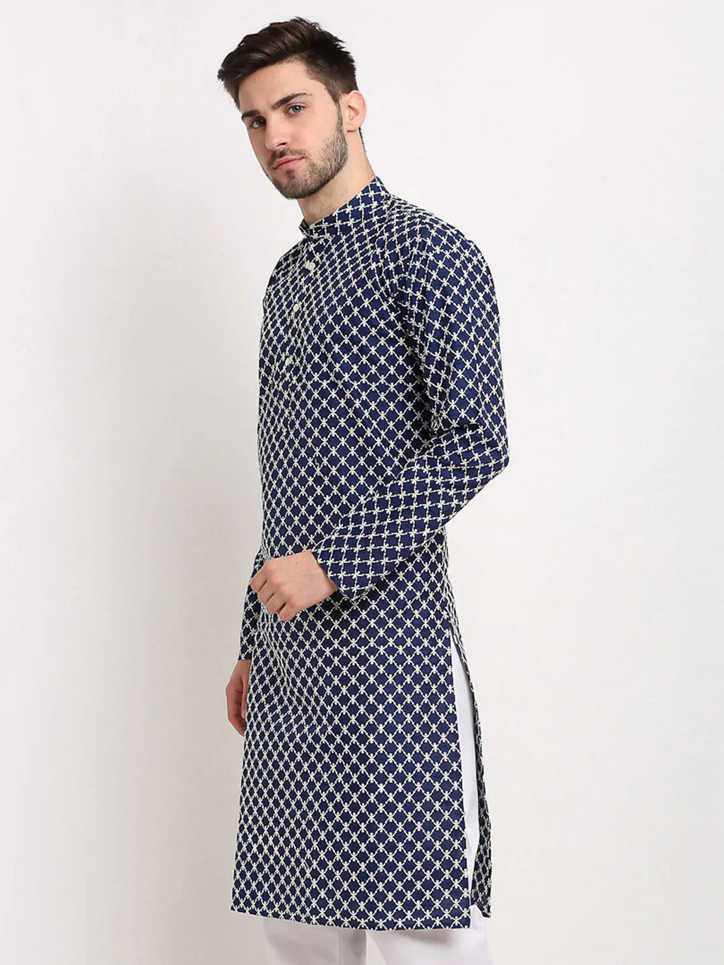 Jompers Men's Navy Blue Chikankari Kurta Only