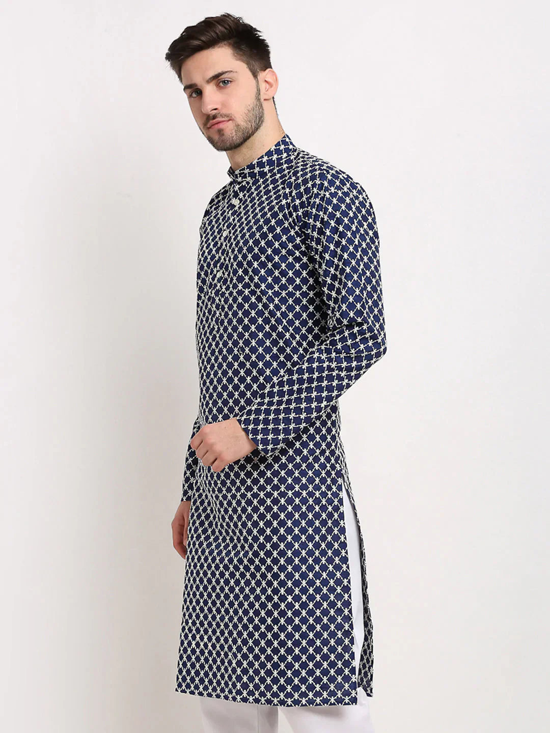 Jompers Men's Navy Blue Chikankari Kurta Only