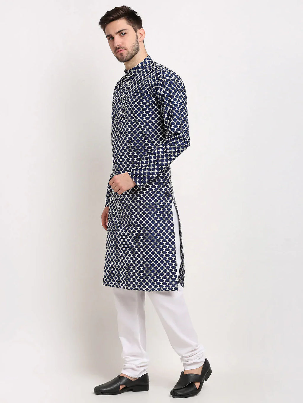Jompers Men's Navy Blue Chikankari Kurta Only