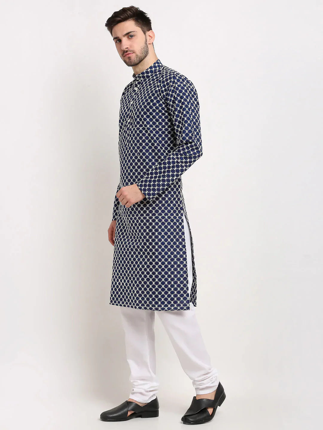 Jompers Men's Navy Blue Chikankari Kurta Only