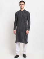 Jompers Men's Black Cotton Striped Kurta Payjama Sets