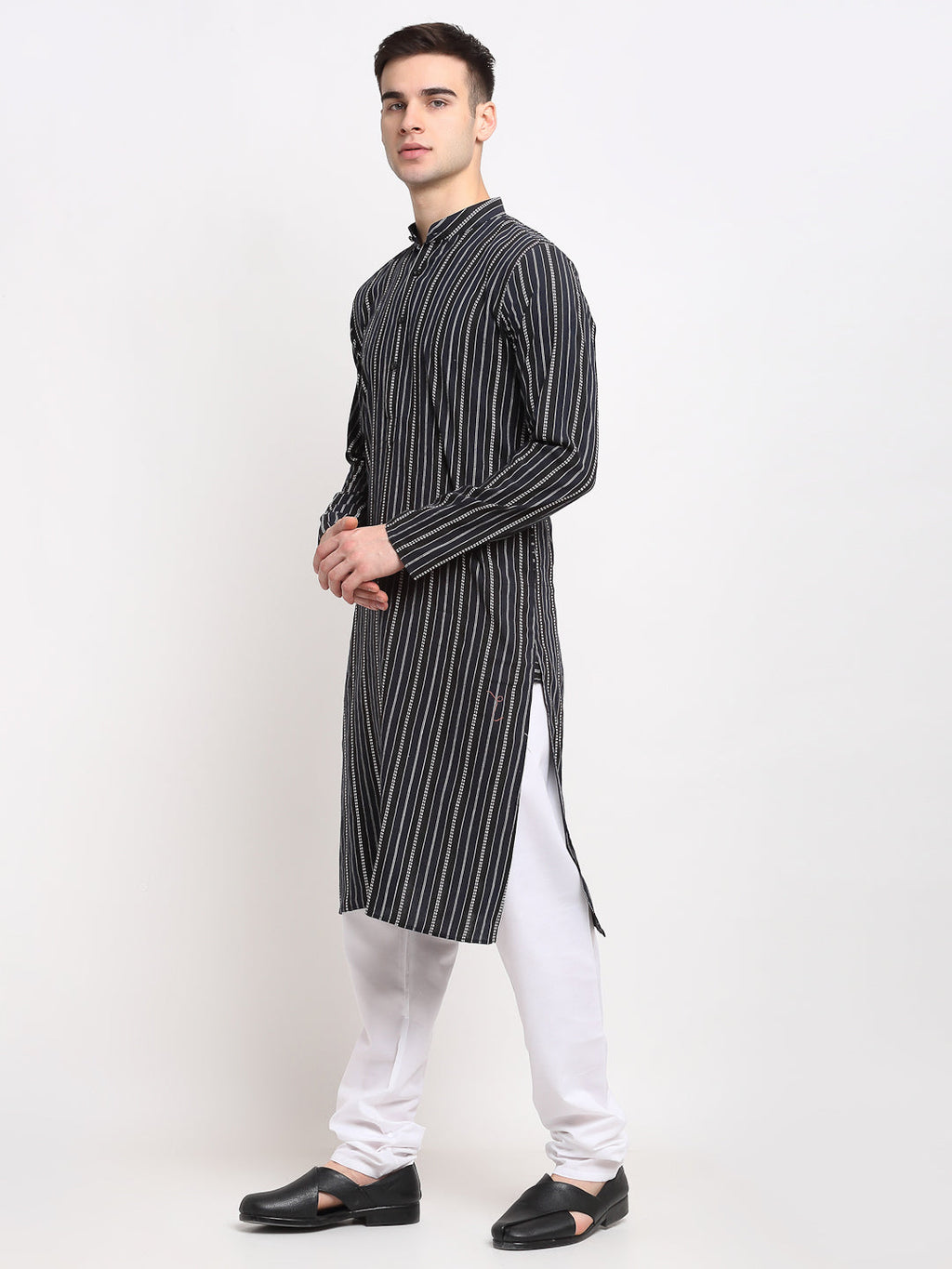 Jompers Men's Black Cotton Striped Kurta Payjama Sets
