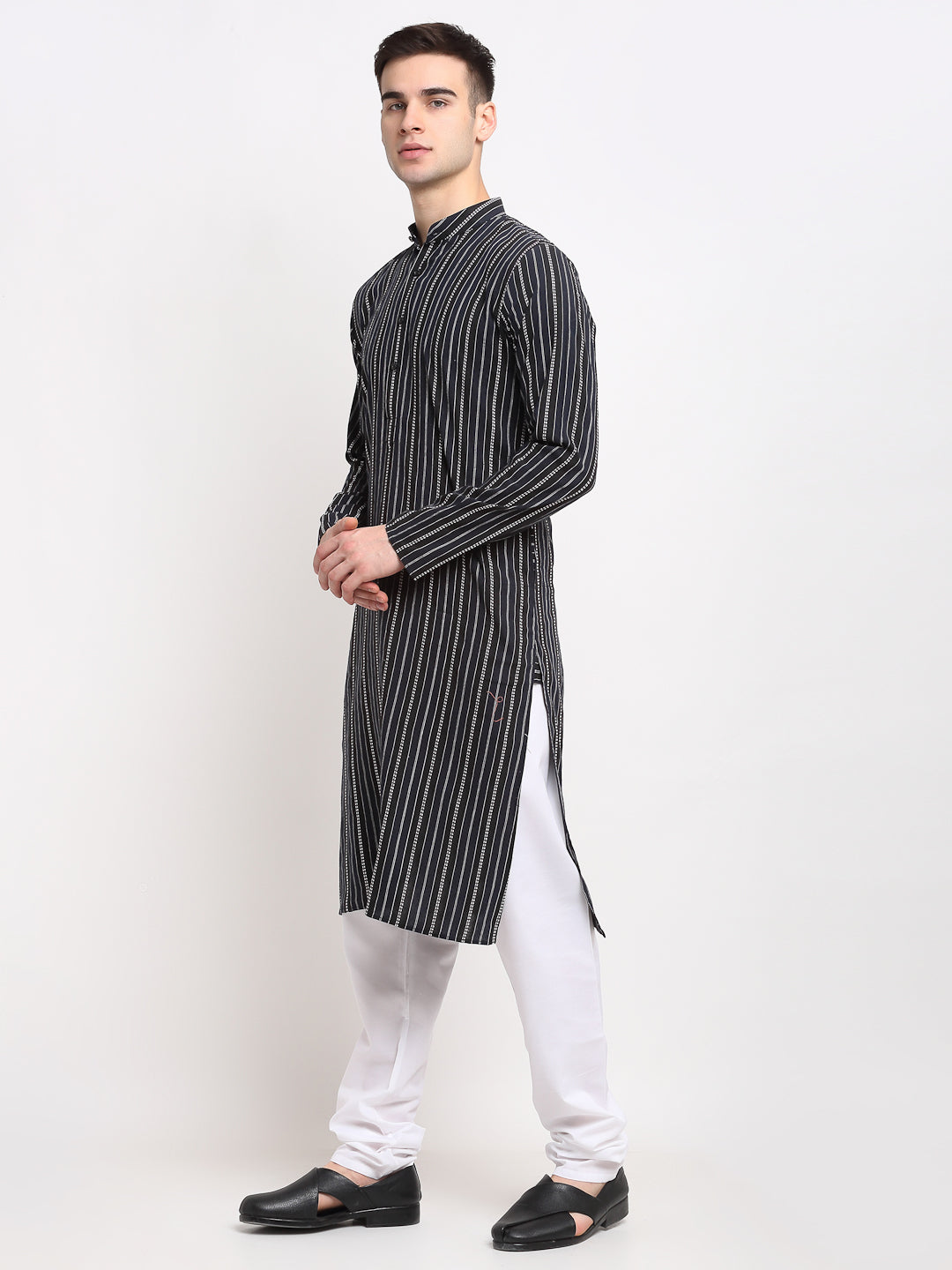 Jompers Men's Black Cotton Striped Kurta Payjama Sets