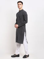 Jompers Men's Black Cotton Striped Kurta Only