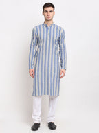 Jompers Men's Blue Cotton Striped Kurta Only