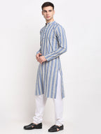 Jompers Men's Blue Cotton Striped Kurta Only