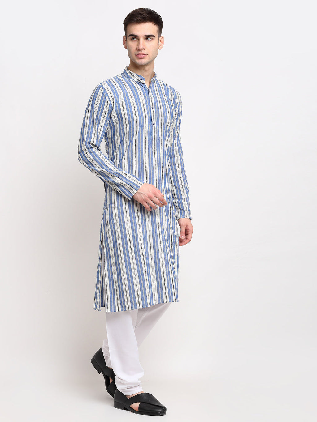 Jompers Men's Blue Cotton Striped Kurta Payjama Sets