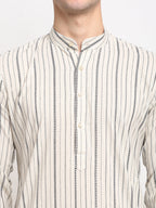 Jompers Men's Cream Cotton Striped Kurta Payjama Sets