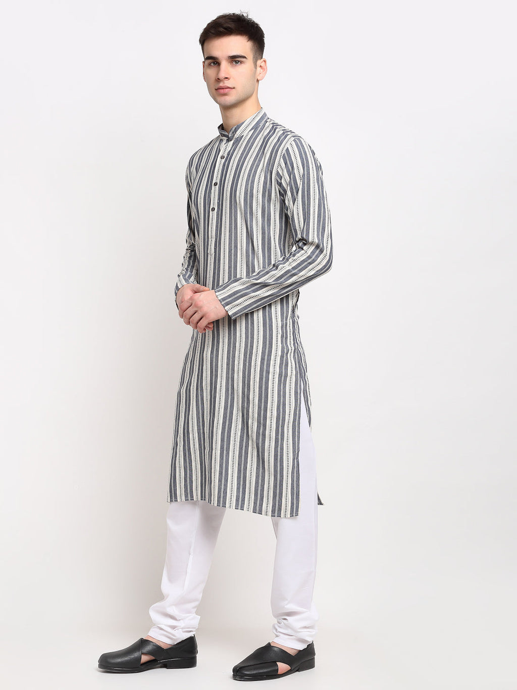Jompers Men's Grey Cotton Striped Kurta Only
