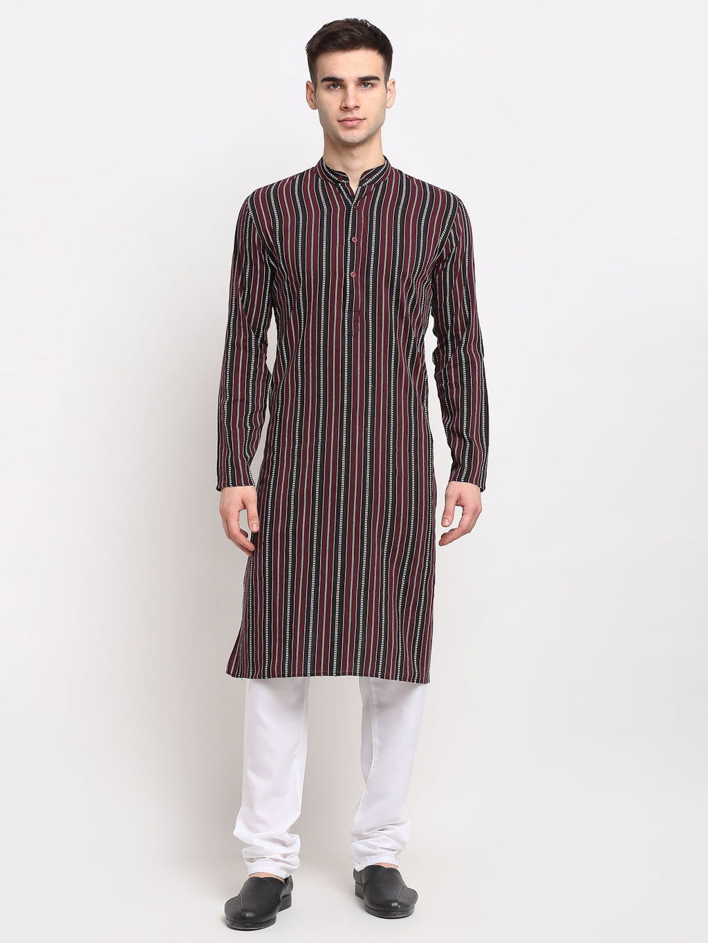 Jompers Men's Maroon Cotton Striped Kurta Payjama Sets