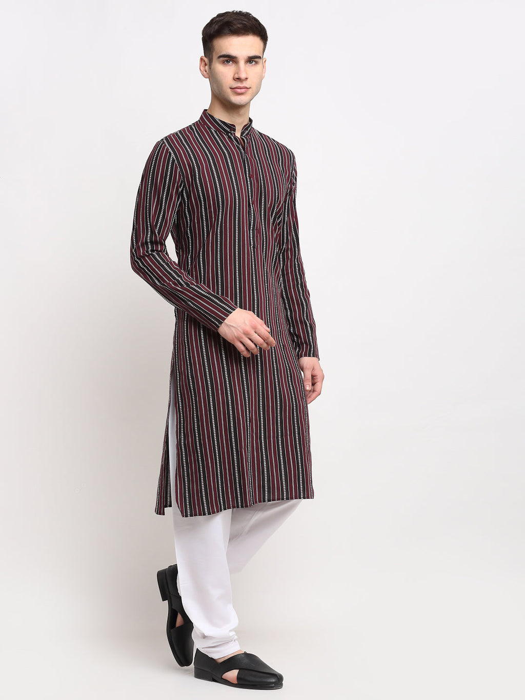 Jompers Men's Maroon Cotton Striped Kurta Payjama Sets