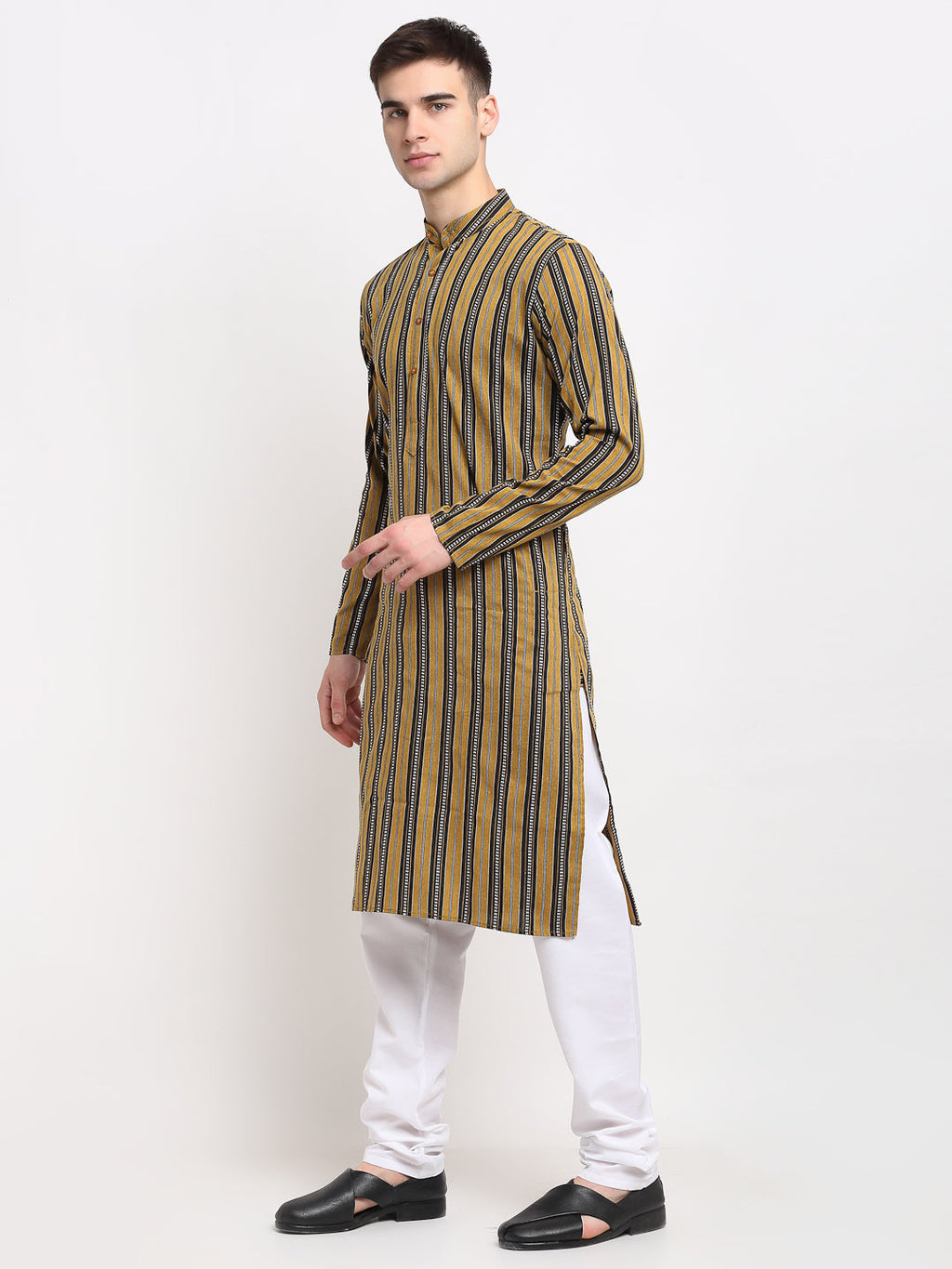 Jompers Men's Mustard Cotton Striped Kurta Payjama Sets