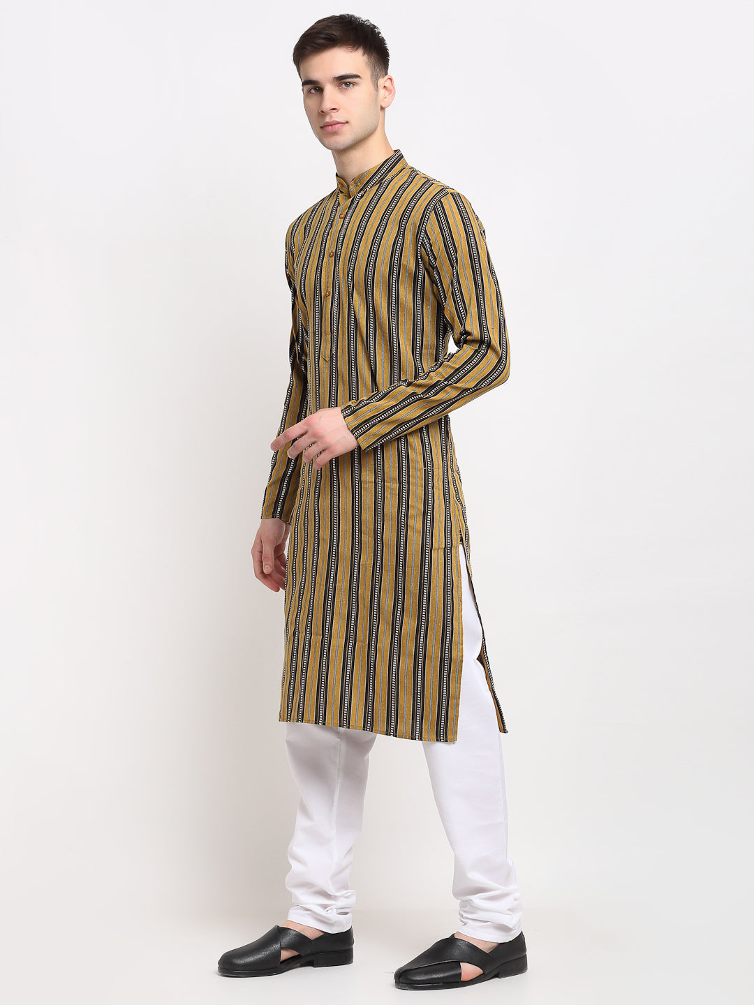 Jompers Men's Mustard Cotton Striped Kurta Only