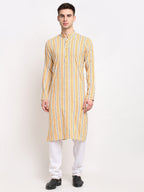 Jompers Men's Yellow Cotton Striped Kurta Only