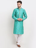Jompers Men's Green Dupion Printed Kurta Payjama Sets