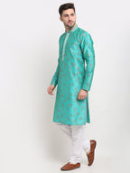 Jompers Men's Green Dupion Printed Kurta Only