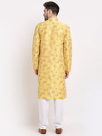 Jompers Men's Yellow Dupion Printed Kurta Only