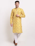 Jompers Men's Yellow Dupion Printed Kurta Only