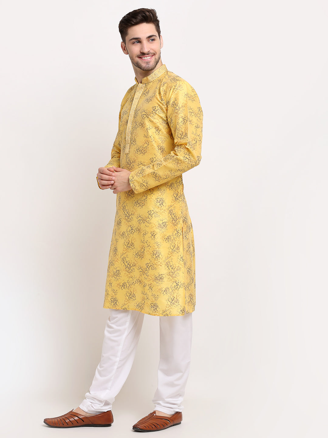Jompers Men's Yellow Dupion Printed Kurta Payjama Sets