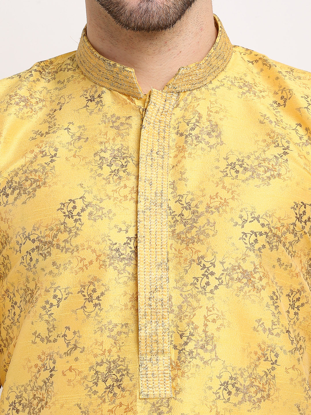 Jompers Men's Yellow Dupion Printed Kurta Payjama Sets