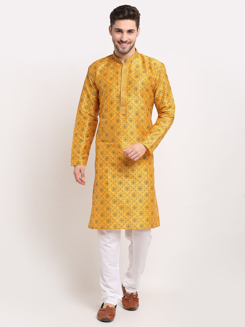 Jompers Men's Beautiful Mustard Woven Kurta Only